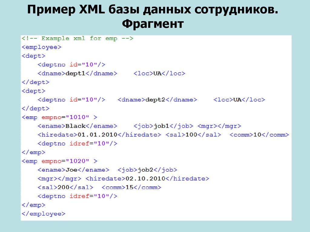 Пример XML базы данных сотрудников. Фрагмент