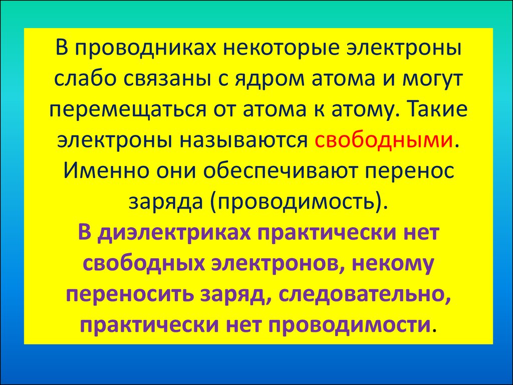 Проводники и непроводники электричества. Какие электроны называются свободными. Слабые электроны. В диэлектриках нет свободных электронов. Перенос заряда от атома.