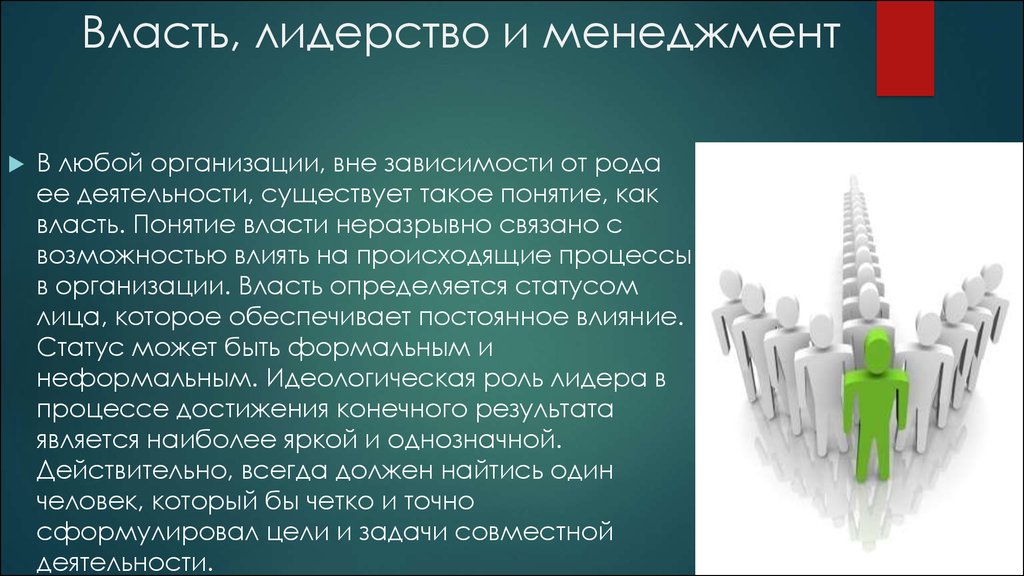 Роль власти в организации. Власть и лидерство в организации. Понятие лидерства. Власть и лидерство в менеджменте. Лидерство в менеджменте.