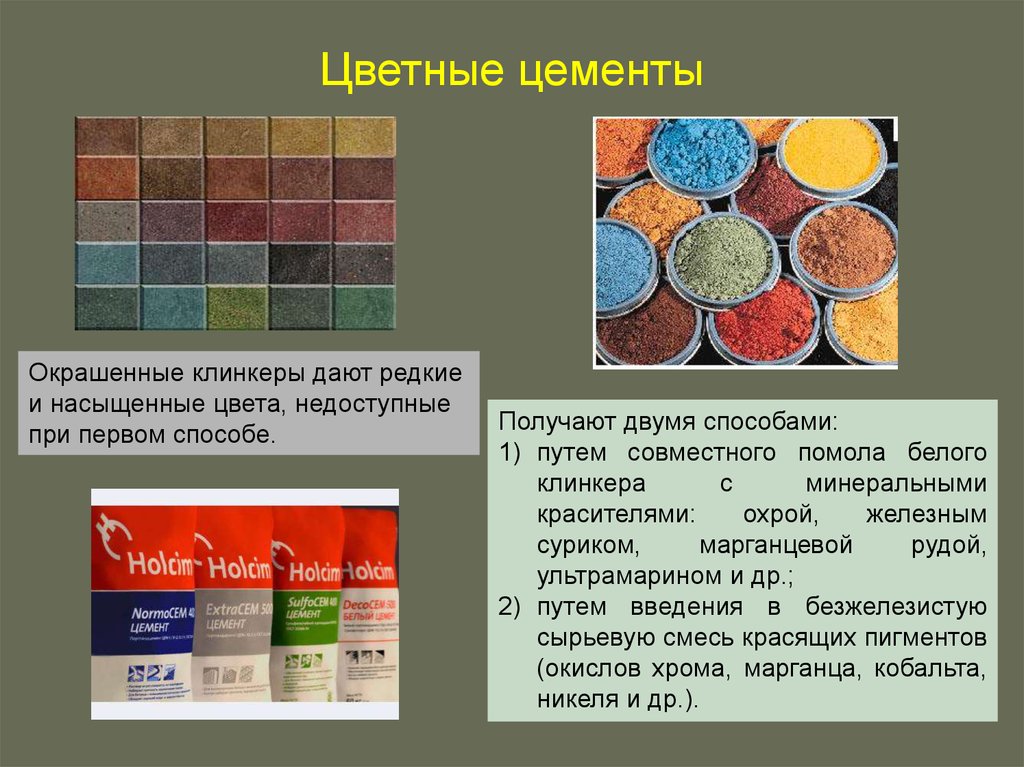 Свойства цветной. Цветной цемент. Цветной портландцемент. Белый портландцемент и цветные цементы. Применение цветного портландцемента.