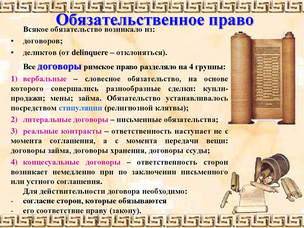 Основания возникновения обязательств в римском праве схема