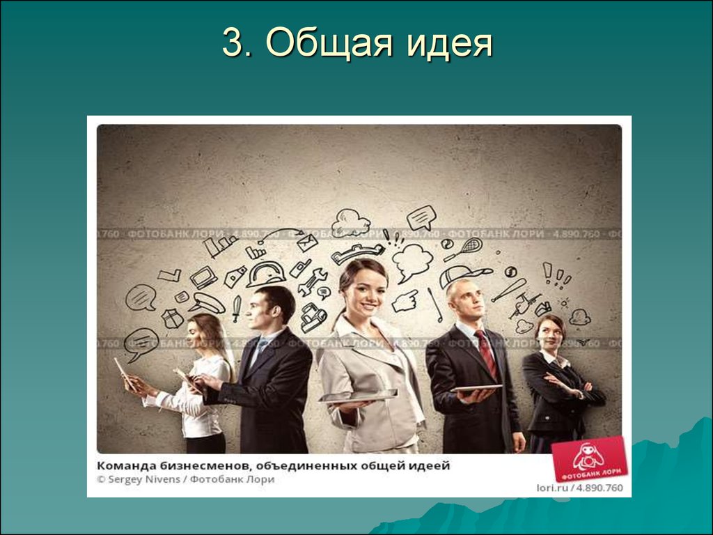 Общая идея. Три картинки с общей идеей. Презентовать идею команде. Идея или команда.