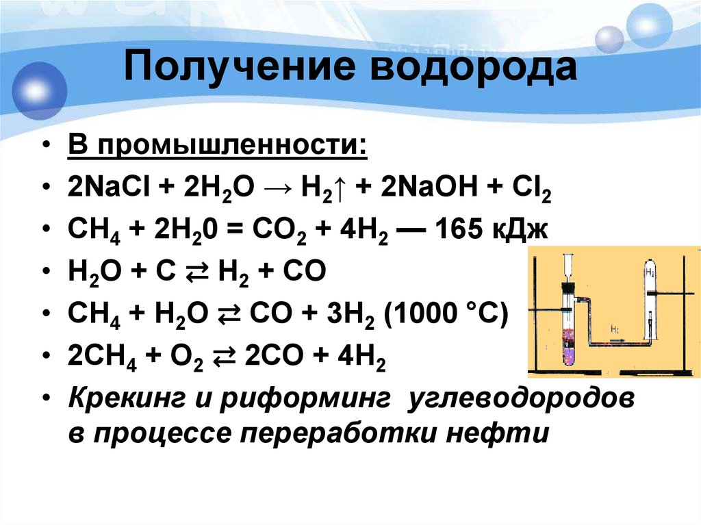Собрать водород можно методом. Реакция получения водорода. Способы получения водорода формулы. Метод получения водорода 8 класс. Промышленный способ получения водорода.