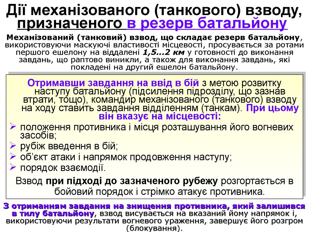 Дії механізованого (танкового) взводу, призначеного в резерв батальйону