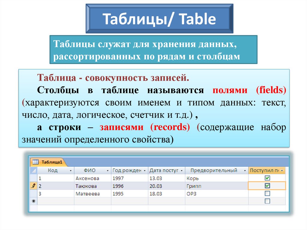 Что называется полями и записями в бд