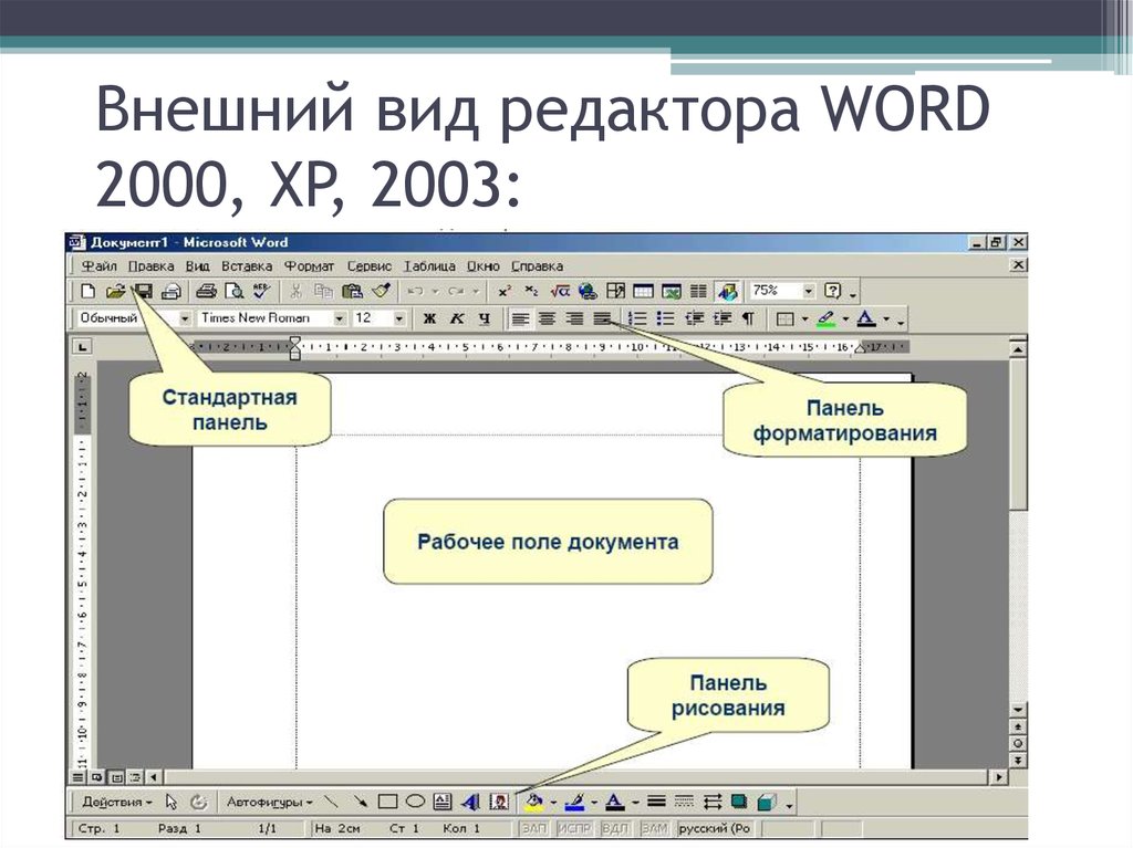 Внешний вид редактора WORD 2000, XP, 2003: