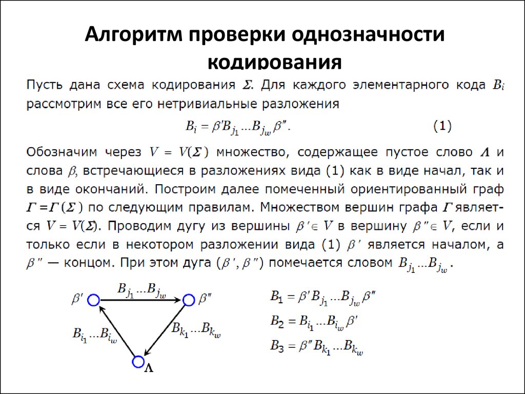 Однозначное декодирование. Алгоритм распознавания однозначности алфавитного кодирования. Однозначное кодирование. Однозначная схема кодирования. Свойство однозначности схемы кодирования.