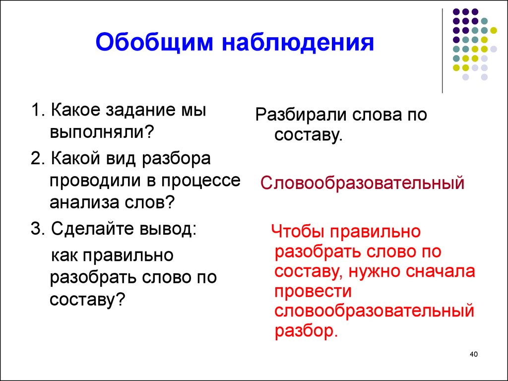 Проводить разбор. Виды анализа слова. Устроил разбор слова. Обобщение наблюдения. Рукодельница разбор слова по составу.