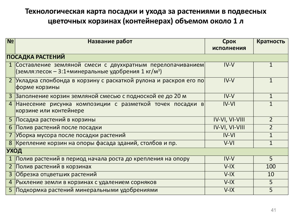 Технологическая карта посадки и ухода за растениями в подвесных цветочных корзинах (контейнерах) объемом около 1 л