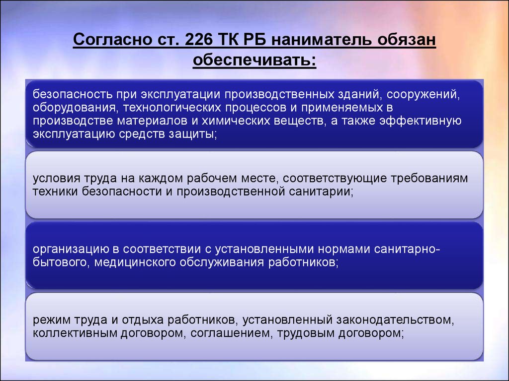 Ст 226. Обязанности нанимателя по охране труда. Обязанности нанимателя и работника по обеспечению охраны труда. Ответственность нанимателя в области охраны труда. Социально-экономическое обеспечение охраны труда.