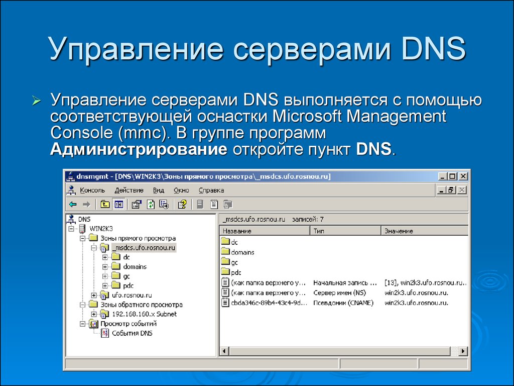 Управление сервером. Сервер управления. Основное Назначение DNS:. Администрирование DNS. Администрирование сервера программа.