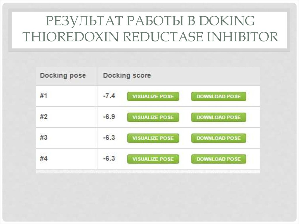 Результат работы в Doking Thioredoxin reductase inhibitor