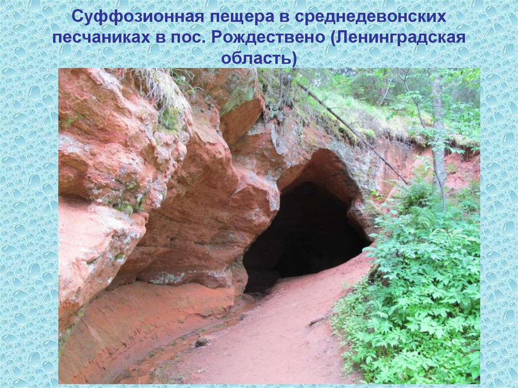 Суффозионная пещера в среднедевонских песчаниках в пос. Рождествено (Ленинградская область)