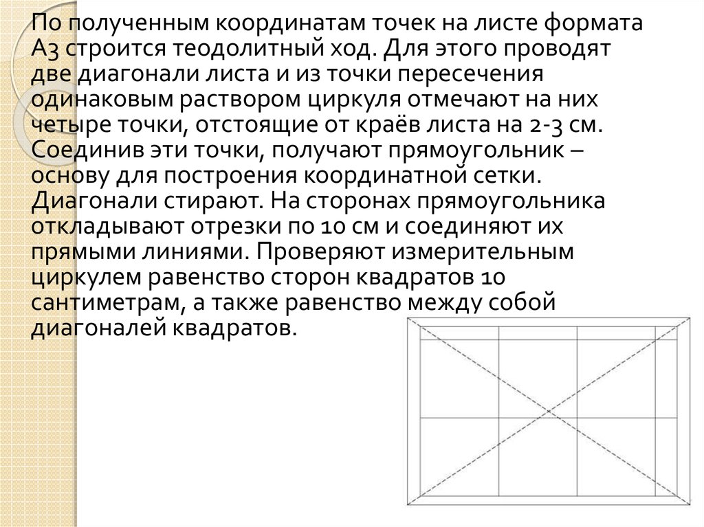 Диагональ листа. Построение координатной сетки циркулем. Отметьте на листе 4 точки. Диагональ листа а2.