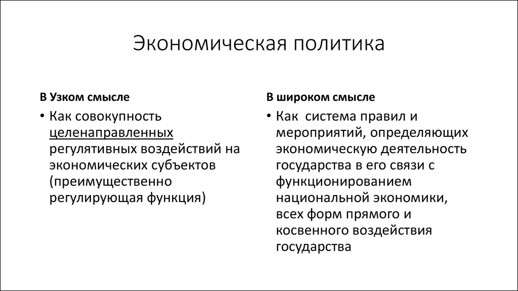 Определите экономические политические. Виды экономической политики. Субъекты экономической политики. Политика в широком и узком смысле. Экономическая политика виды.