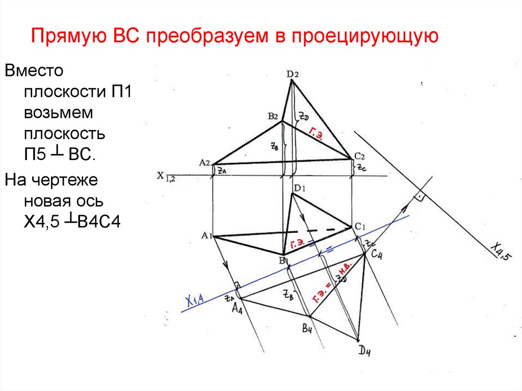 Взят на плоскости. Заключить прямую в плоскость. Заключить прямую а в горизонтально проецирующую плоскость. Проекция плоскости п5. Заключить прямую во вспомогательную проецирующую плоскость.