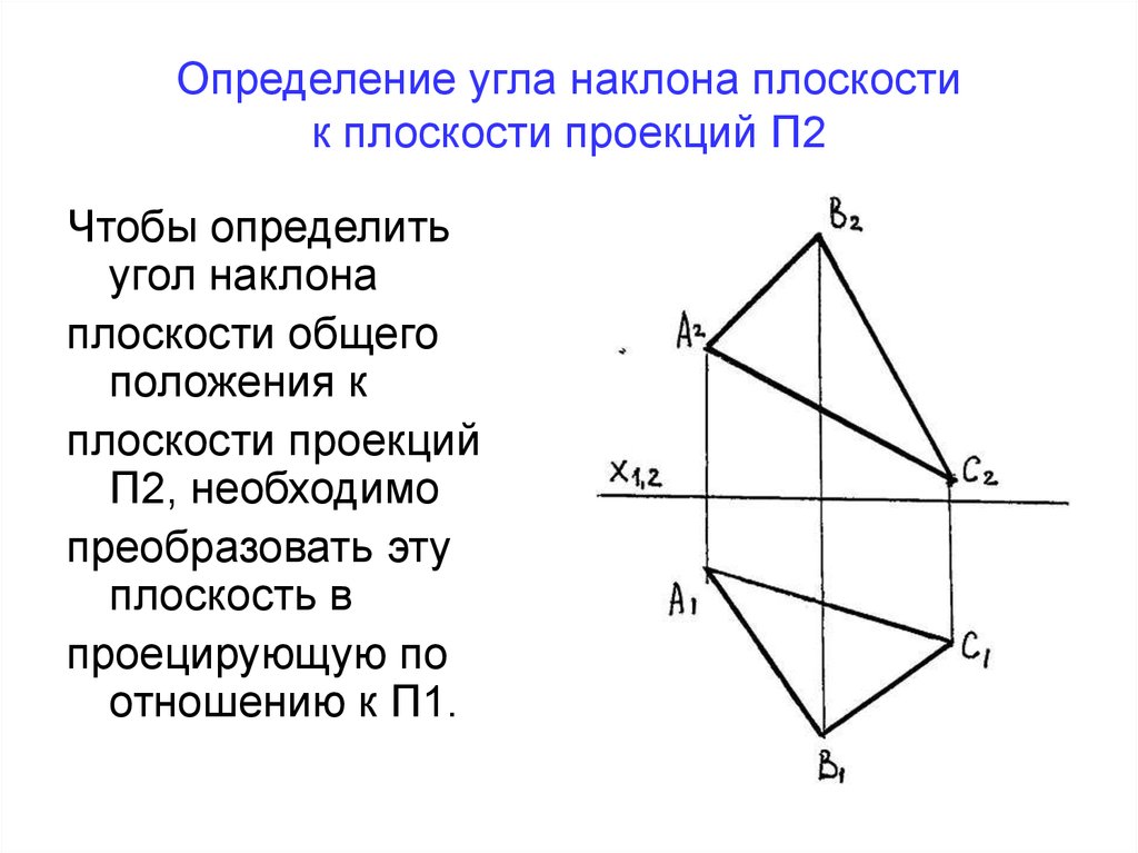 Проекция плоскости углы. Угол наклона к плоскости п2. Определить угол наклона плоскости к п2. Угол наклона плоскости к плоскости п2. Определить угол наклона к заданной плоскости.