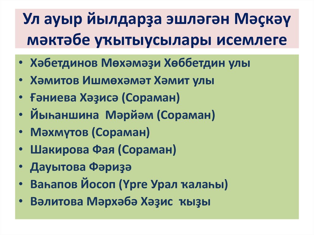 Ул ауыр йылдарҙа эшләгән Мәҫкәү мәктәбе уҡытыусылары исемлеге