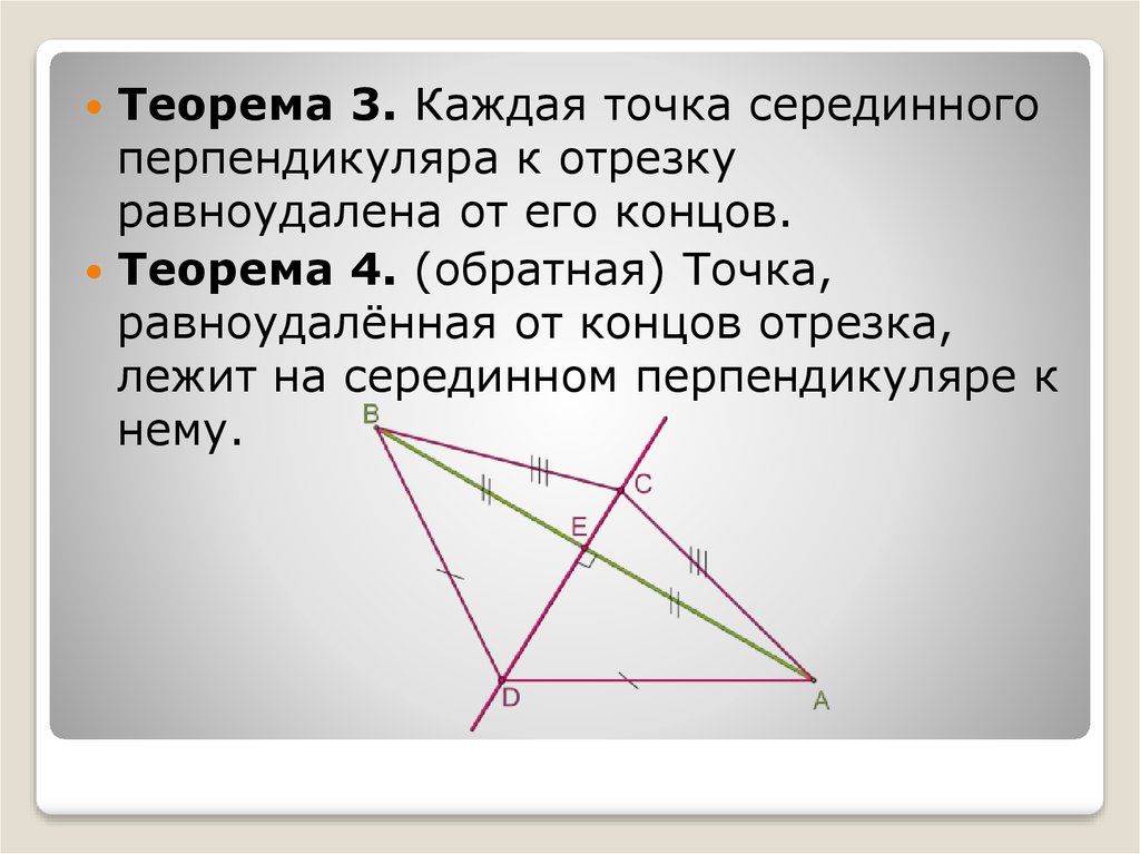 Перпендикуляр на конце отрезка. Точка равноудалённая от концов отрезка. Каждая точка серединного перпендикуляра. Каждая точка серединного перпендикуляра к отрезку равноудалена. Теорема о серединном перпендикуляре.