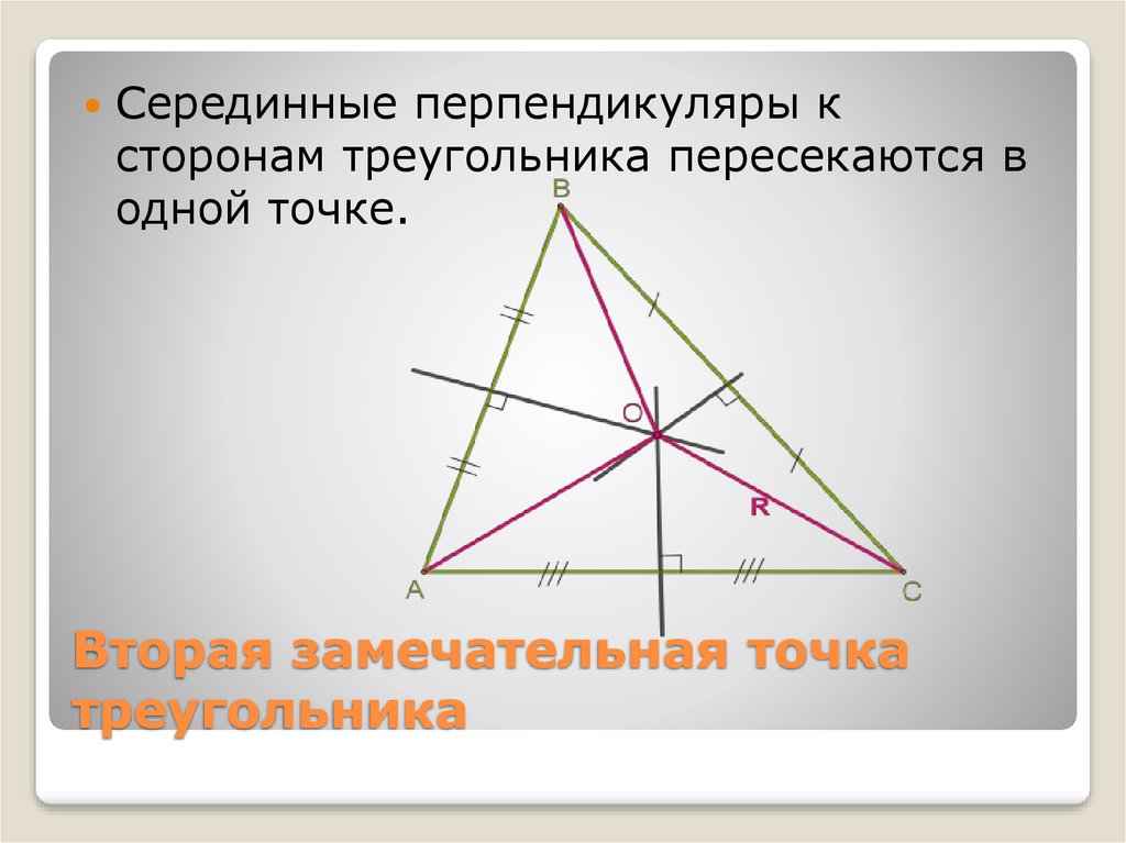 Серединный перпендикуляр к сторонам остроугольного. Вторая замечательная точка треугольника. Срединные перепендикуляры. Серединный перпендикуляр в треугольнике. Серкдиннве перпендикулярно в треугольнике.