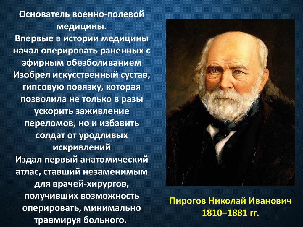 Основоположник военно-полевой хирургии пирогов