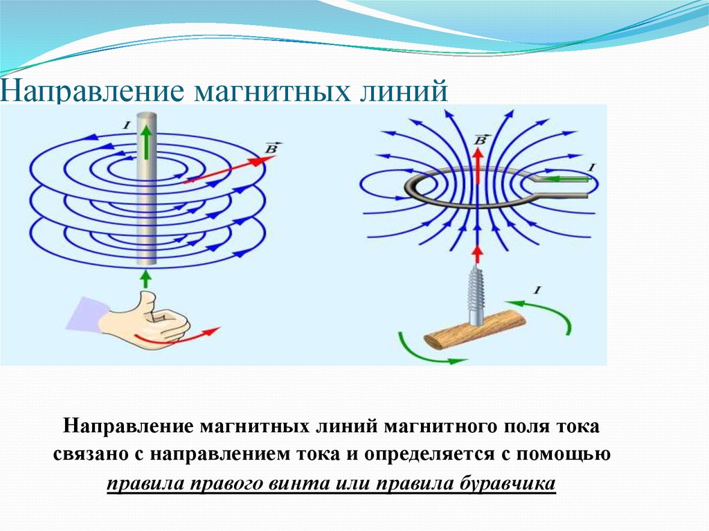 На рисунке изображен прямой проводник с током определи направление линий магнитного поля которого