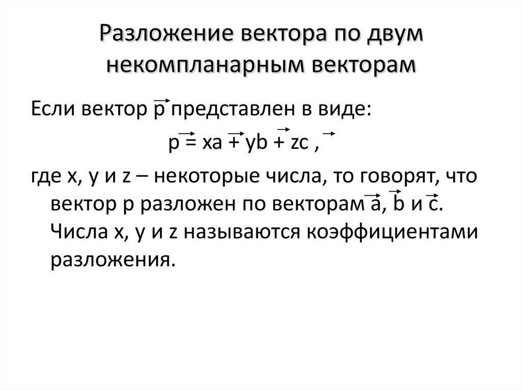 Разложить вектор по векторам. Разложение по некомпланарным векторам. Разложение вектора по трем некомпланарным векторам задачи. Разложение вектора по двум некомпланарным векторам. Теорема о разложении вектора по трем некомпланарным векторам.