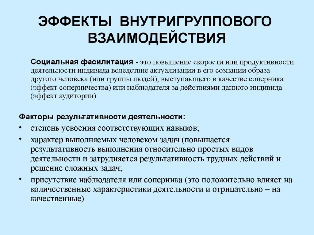 Взаимодействие в группе. Внутригрупповое взаимодействие. Психологические эффекты взаимодействия людей. Схема внутригруппового взаимодействия. Эффекты внутригруппового влияния.