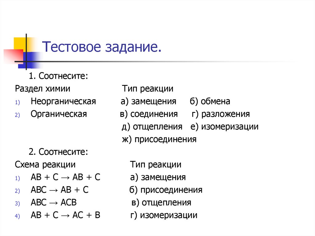 Соотнесите тип реакции и схему реакции замещения отщепления присоединения изомеризация