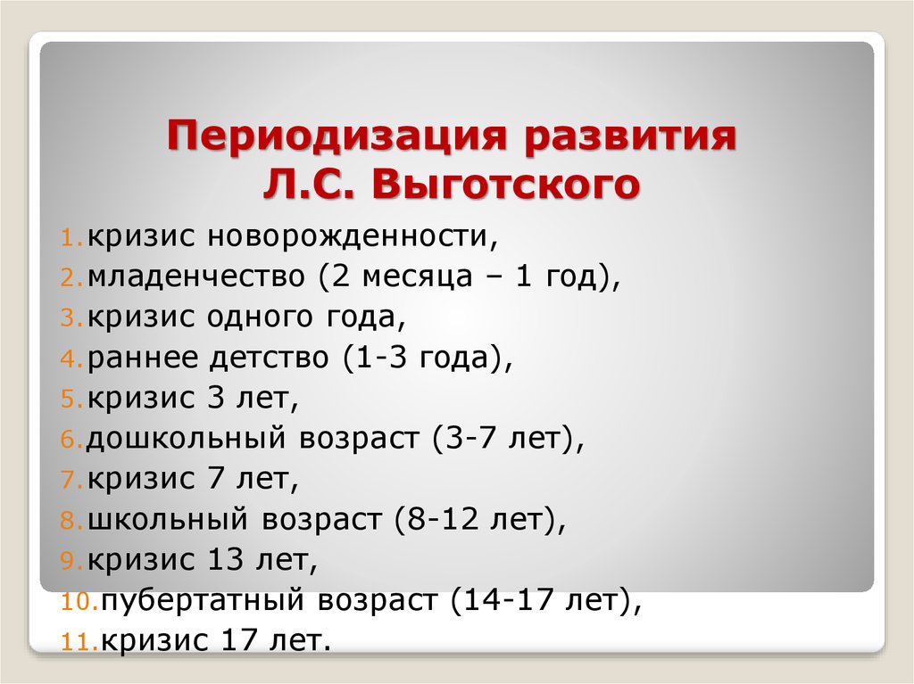 Основные периоды жизни. Периодизация детского развития Выготский.