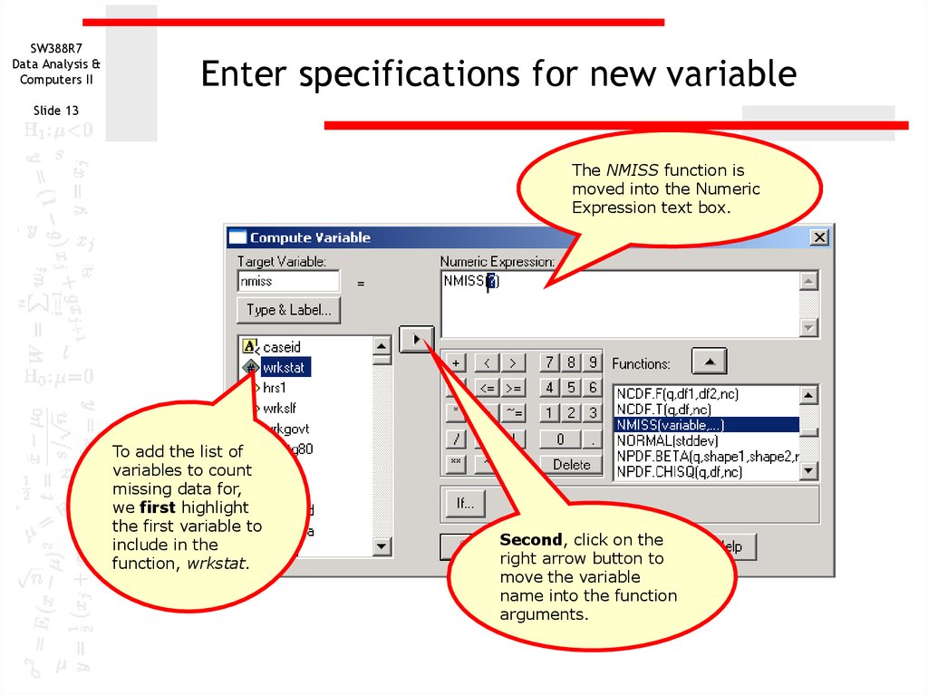 Enter specifications for new variable