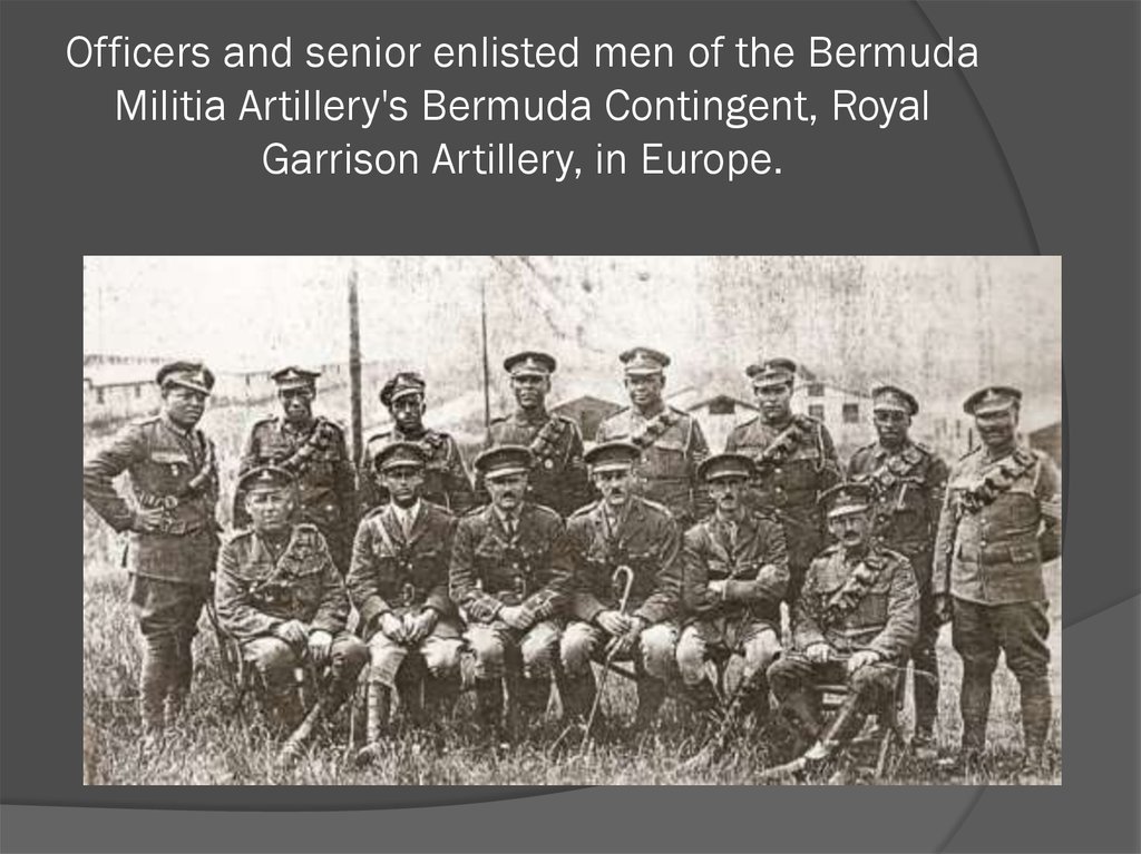 Officers and senior enlisted men of the Bermuda Militia Artillery's Bermuda Contingent, Royal Garrison Artillery, in Europe.