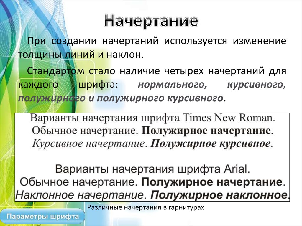 Начертание. Нормальное начертание в тексте. Начертания гарнитуры. Прямое начертание.