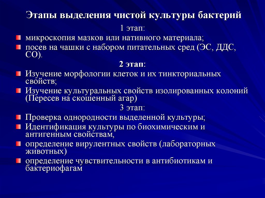 Выделите этапы. Этапы выделения чистой культуры анаэробов. Этапы выделения и идентификации чистых культур бактерий. Выделение чистой культуры бактерий. Этапы выделения чистой культуры бактерий.