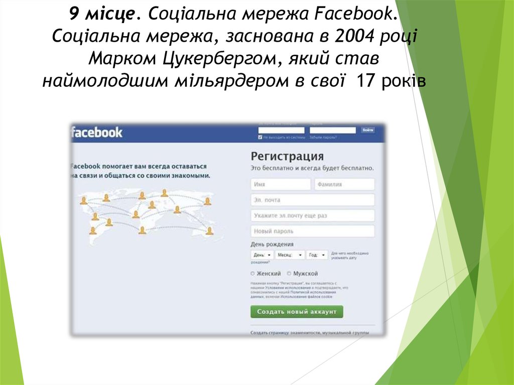 9 місце. Соціальна мережа Facebook. Соціальна мережа, заснована в 2004 році Марком Цукербергом, який став наймолодшим мільярдером в свої 17 років