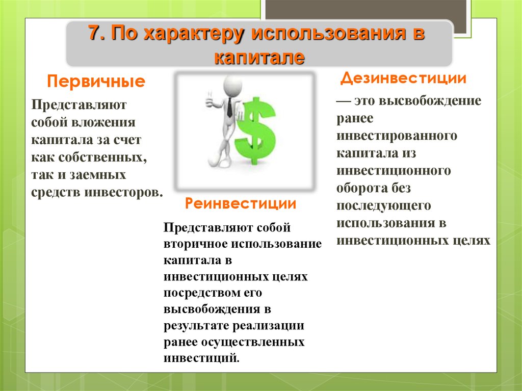 По характеру использования. Дезинвестиции. Капитал по характеру использования. Первичные инвестиции это. Первичные реинвестиции дезинвестиции.