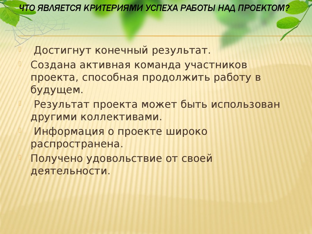 Критерии успеха работы над проектом