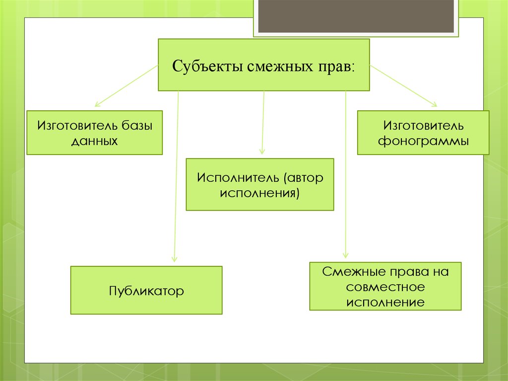 Автор исполнения. Права субъектов смежных прав. Субъекты смежных прав базы данных. Субъекты смежных прав. Права субъектов смежных прав.. Смежные права изготовителя базы данных.