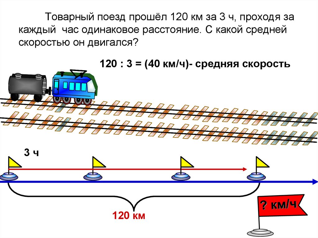 Товарный поезд прошёл 120 км за 3 ч, проходя за каждый час одинаковое расстояние. С какой средней скоростью он двигался?
