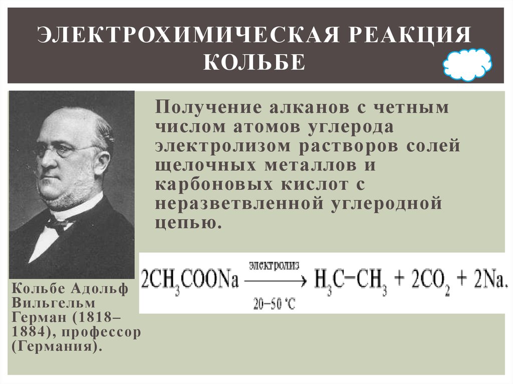 Получение позволять. Адольф Вильгельм Герман Кольбе. Реакция Кольбе Шмидта. Адольф Вильгельм Герман Кольбе синтезировал органические кислоты. Реакция Кольбе электролиз солей карбоновых кислот.