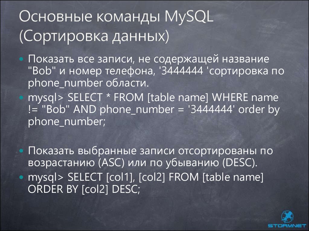 Основные команды MySQL (Сортировка данных)