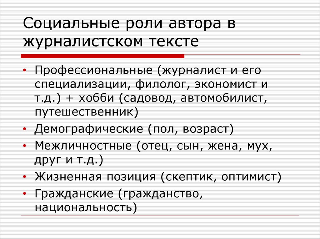 Роль писателей. План журналистского текста. Тема текста в журналистике. Социальные роли журналистики. Авторская роль в тексте.