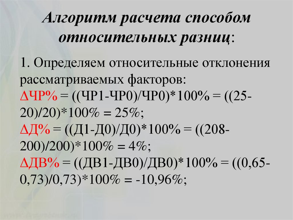 Относительная разница. Метод относительных отклонений. Методы цепных подстановок абсолютных и относительных разниц. Алгоритм расчета влияния фактора «в» методом относительных разниц :. Прием исчисления относительных разниц используется:.