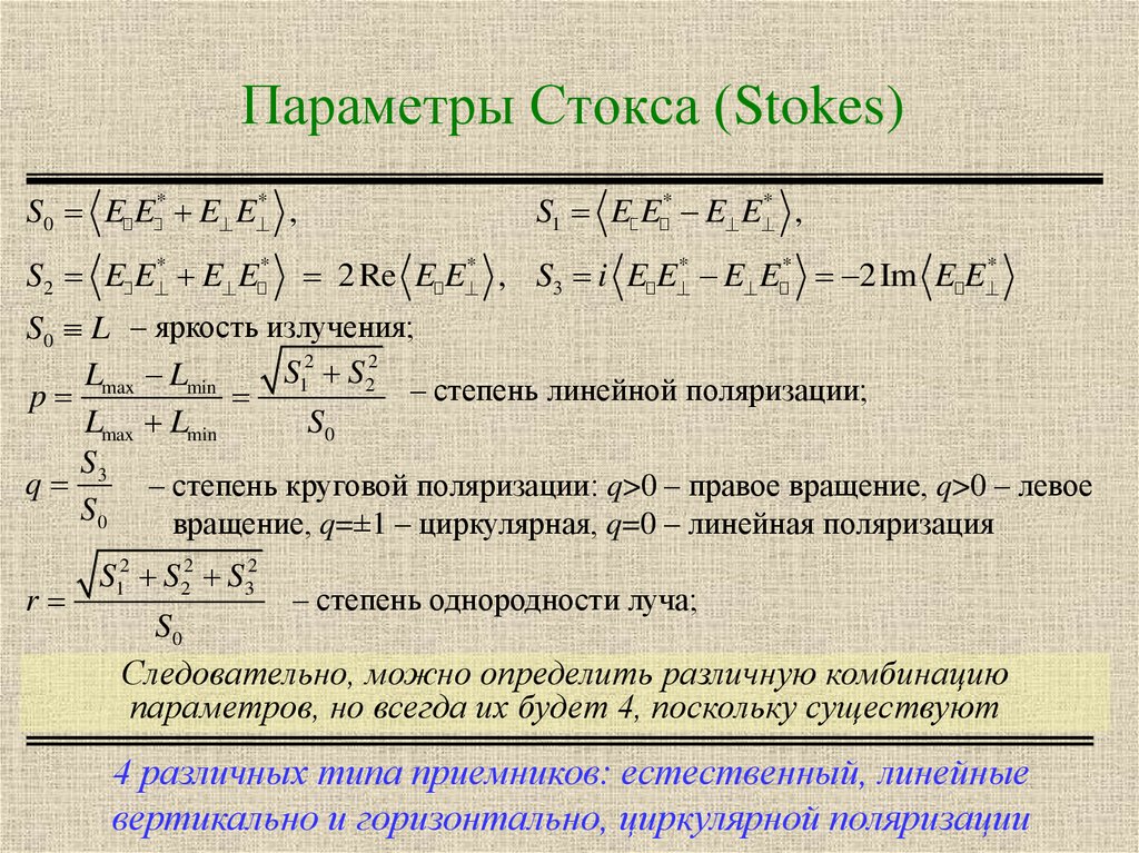 Степень излучения. Параметры Стокса. Степень линейной поляризации. Вектор Стокса. Степень поляризации лучей.