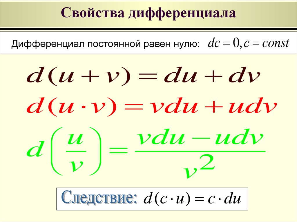 Дифференциал формула. Свойства дифференциала функции. Свойство дифференциалов двух функций. Дифференциал от суммы дифференциалов. Дифференциал равен нулю.