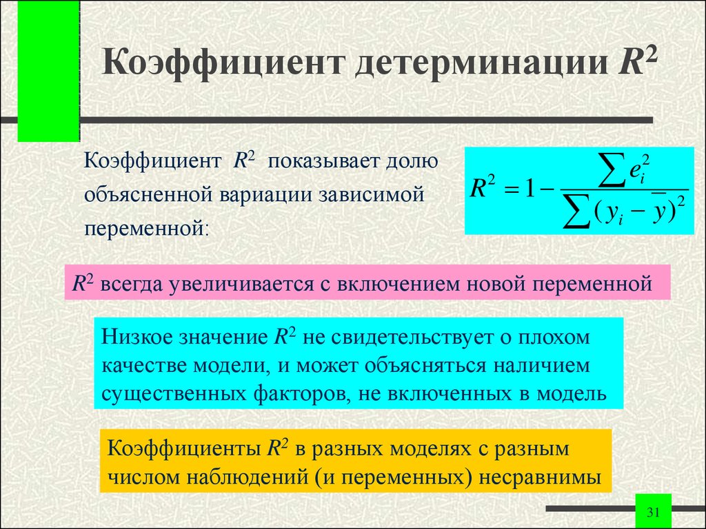 Коэффициент показывает. Формула расчета коэффициента детерминации. Коэффициент детерминации формула статистика. Коэффициент детерминации r2 формула. Коэффициент детерминации r2 характеризует.