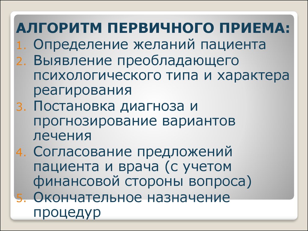 Больной предложение. Алгоритм первичного приема. Цель первичного приема пациента. Первичный прием пациента алгоритм. Прием это определение.