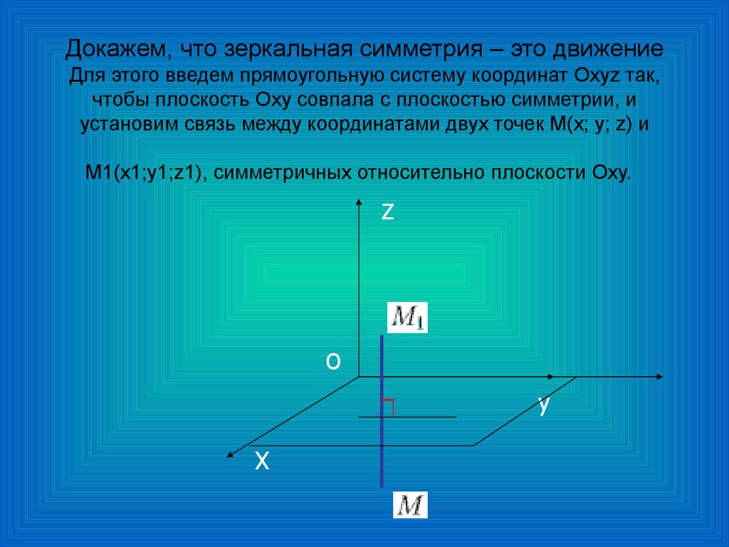 Докажем, что зеркальная симметрия – это движение Для этого введем прямоугольную систему координат Оxyz так, чтобы плоскость Оxy совпала с пл