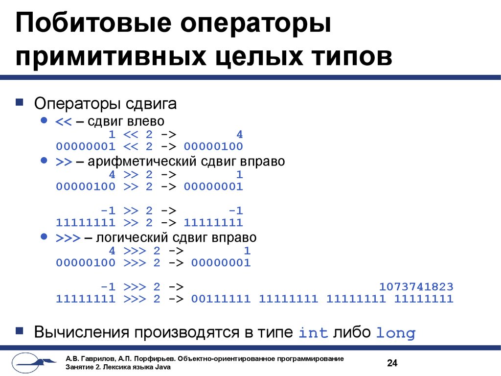 Побитовые операторы примитивных целых типов