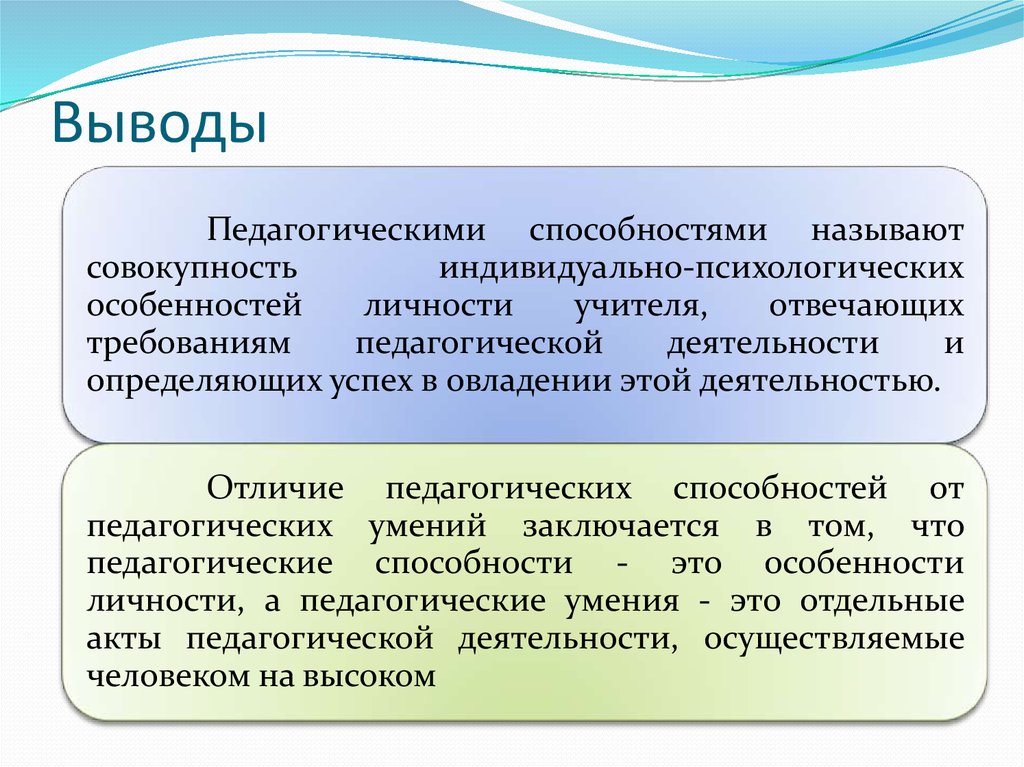 Совокупность индивидуальных. Выводы педагогические умения. Вывод педагогическаясапособности. Педагогические способности вывод. Индивидуально-психологические особенности педагогов..